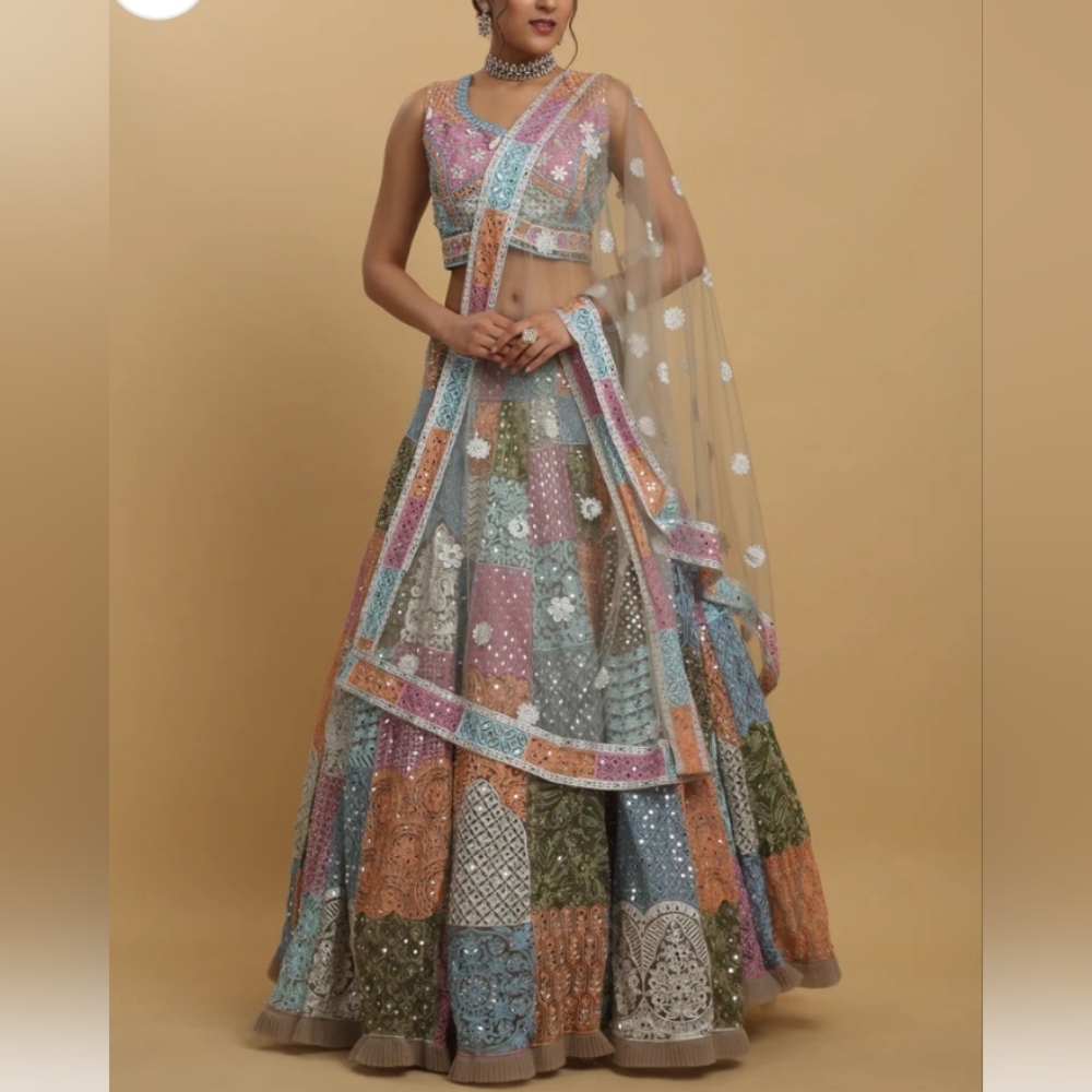 Multi Colored Embellished Lehenga Choli Set (4 Pc)